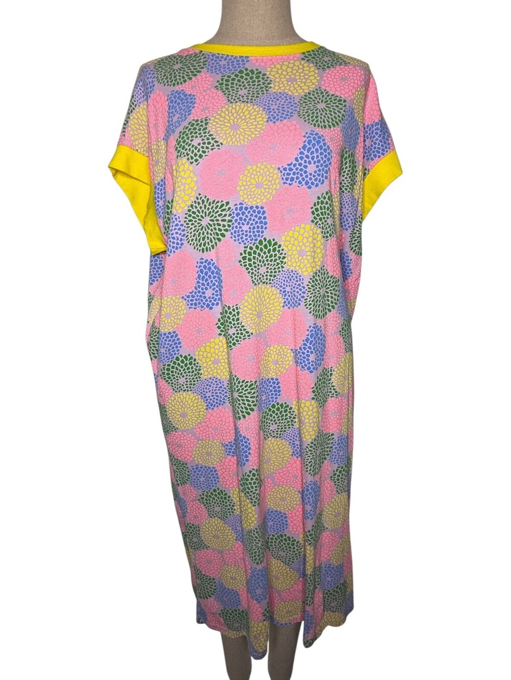 Pixelated Floral Maxi Dress - Multicolor/Yellow Trim - L